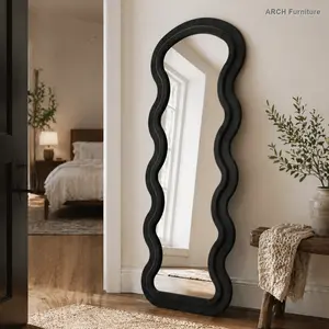 Modern Arch Wooden Full-Length Wavy Frame Mirror - Black Home Decor & Supply, with Standing, Hanging or Wall-Leaning Options, Ideal Wedding Gift (Mirrors Full Length)