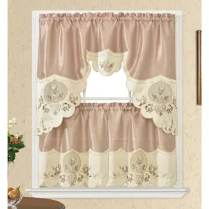 Rose Melody. 3 count Kitchen Cafe Curtain Set. Swag and 24 inches Tiers Set for Small Windows. Nice Matching Color Rose Embroidery on Border and Inserted Organza. (Beige)