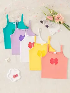 Summer Girls' Bow Print Tank Tops 5 Pack, Thin Straps Design, Sweet Girly Casual Style, Perfect for Outdoor Play and Streetwear