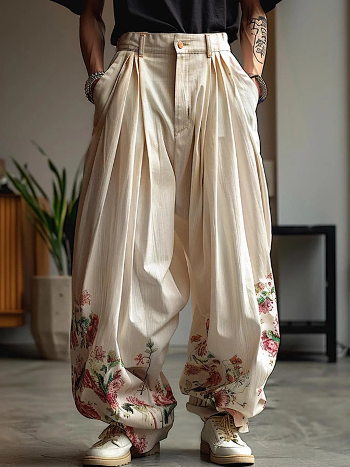 Vintage Mens Zipper Bottoms Floral Wide-Leg Loose Long Pants Casual Street Style Bohemian Street Trousers