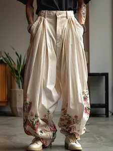 Vintage Mens Zipper Bottoms Floral Wide-Leg Loose Long Pants Bohemian Street Trousers