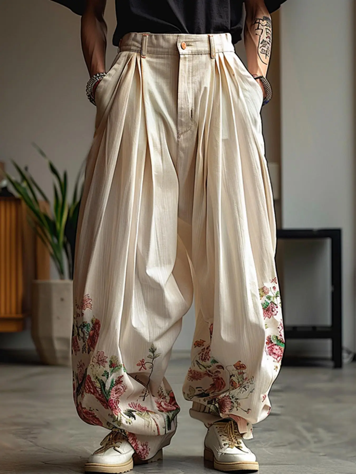 Vintage Mens Zipper Casual Bottoms Floral Wide-Leg Trousers Loose Long Pants