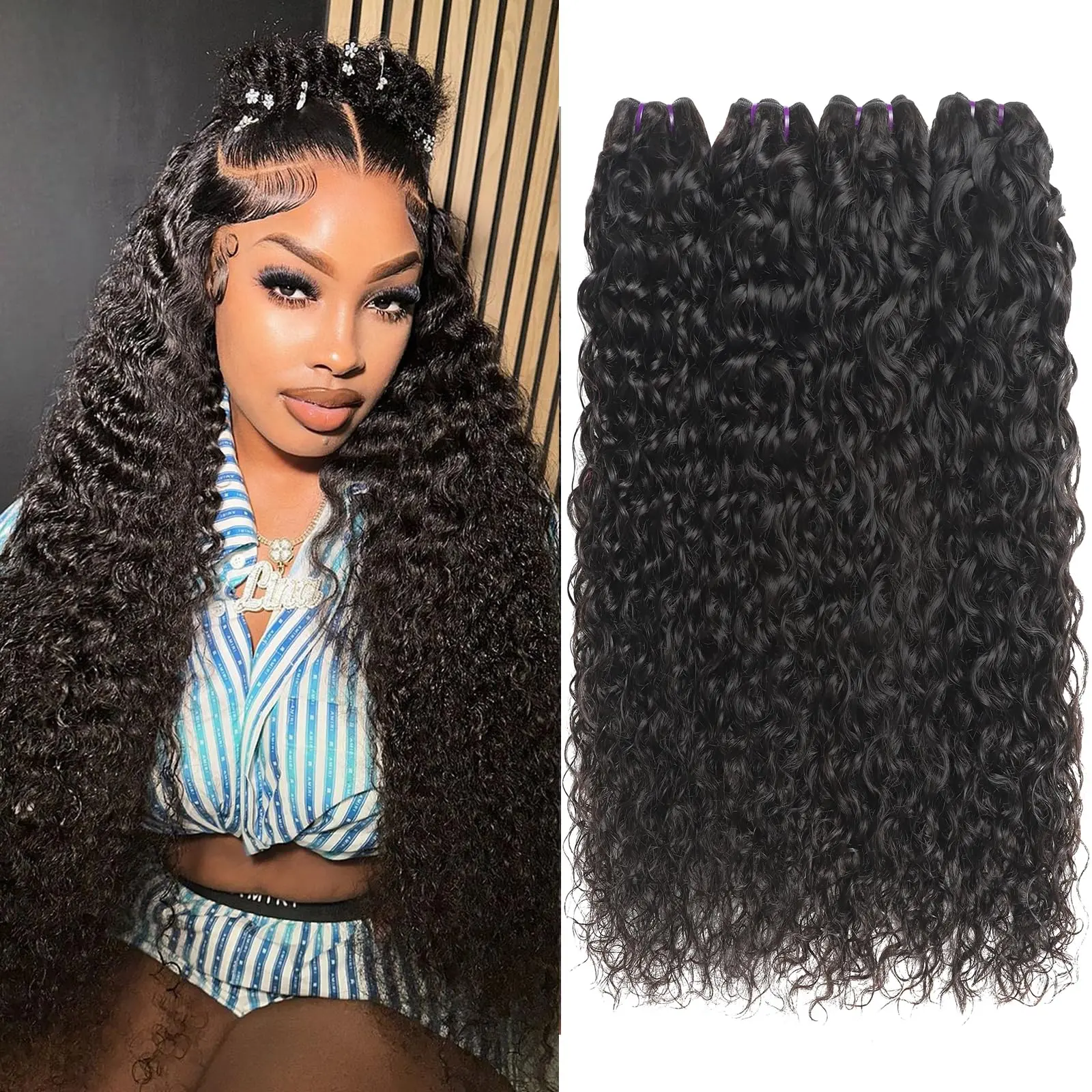 Beauty Queen Water Wave Human Hair Bundles 16A Grade 100% Unprocessed Brazilian Weave 3 Bundles Wet and Wavy Virgin Hair Natural Color Hair Extensions