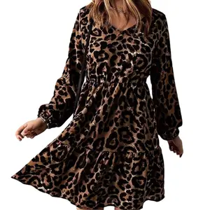 Women's Leopard Print Long Sleeve Dress V-Neck Knee Length Mini Dress - Soft and Comfortable Polyester Material - Valentine Gift For Her - Womenswear, Casual