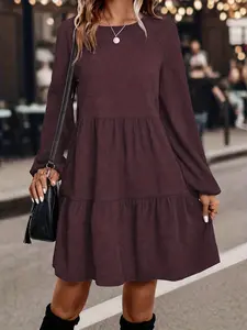 1 piece of retro soft style leisure fashion European and American autumn new women's clothing deerskin velvet long sleeve round neck dress