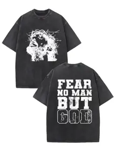 Women's Vintage Washed "Fear No Man But God" Print 100% Cotton Short-Sleeve Distressed Casual Oversized T-Shirt, Faith Streetwear Tee with Fabric Detail summerwins,summerwins