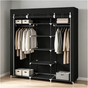 69 Inch Portable Clothes Closet, Non-Woven Fabric Wardrobe with Double Hanging Rod, Freestanding Storage Organizer for Bedroom Cloakroom Dormitory, Black