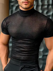 INCERUN Men's Fashion Sexy Transparent Design Polyester Solid Color Half High Neck Short Sleeve T-Shirt, Perfect for Summer Party, Top