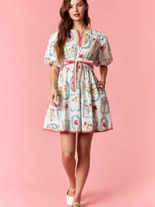 Color Block Band Detailed With Floral in Floral Frame Bubble Sleeve Tier Mini Dress