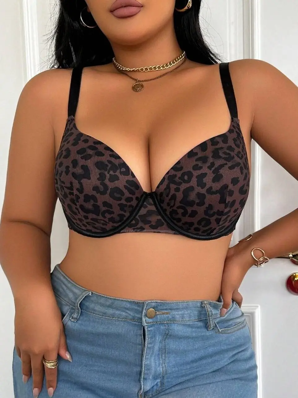 Plus Size Leopard Print Push-Up Bra, Sexy Smooth Wireless Lifting Lingerie