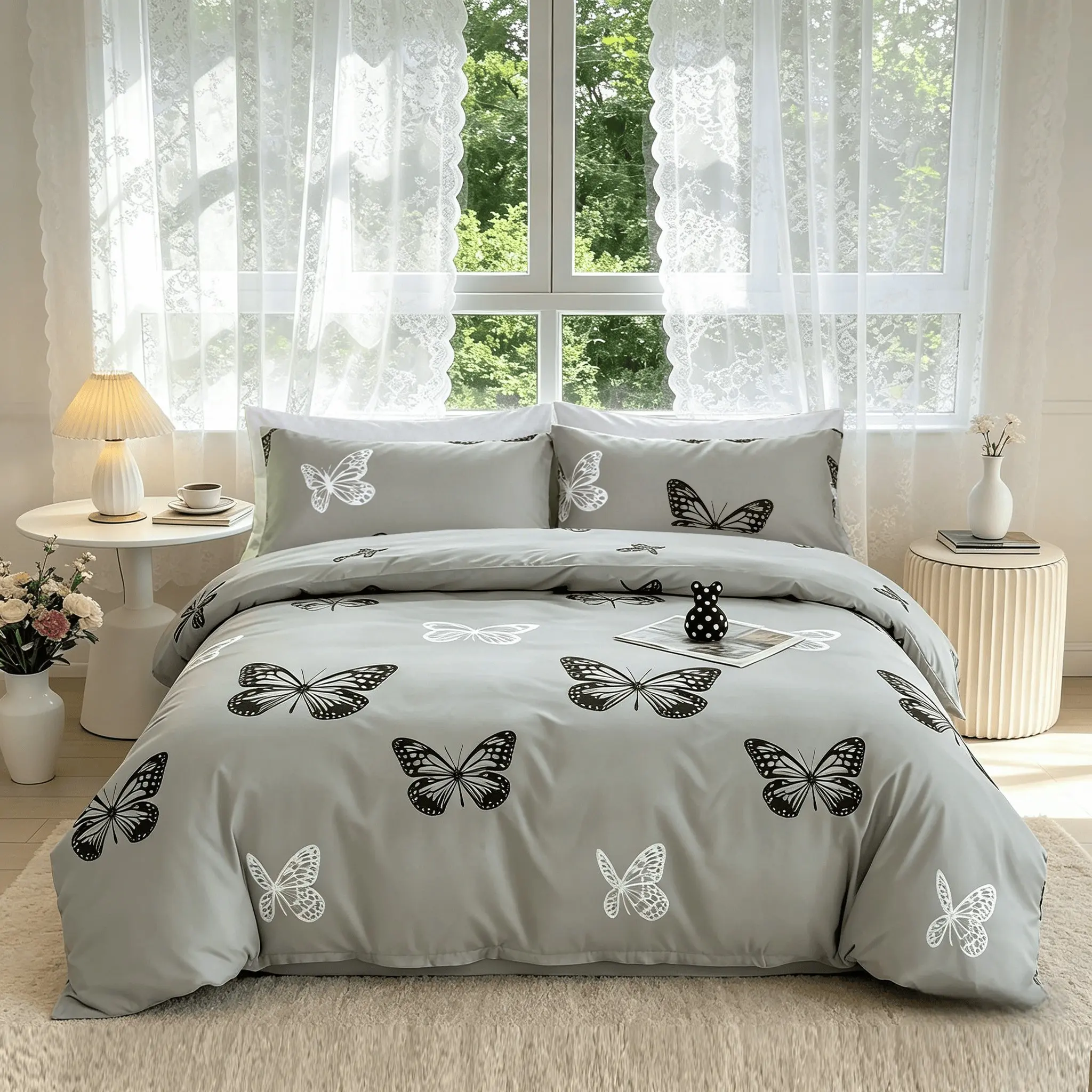 3pcs French Vintage Butterfly Print Decorative Bedding Set, (Include 1*Duvet Cover, Without Duvet Insert,2 *Pillowcases, Zipper Closure, Soft Fabric, Perfect Gift