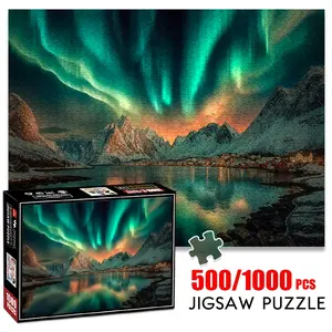1pc 1000 piece adult puzzle 70x50cm Aurora Borealis over Snow - Capped Mountains and Coastal Village 500 pieces of paper jigsaw puzzle, suitable for adults and families, large-scale DIY puzzle int