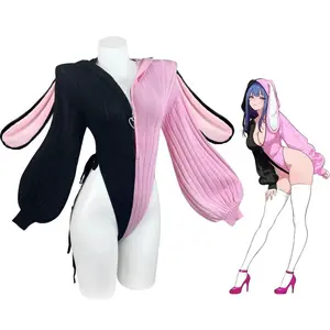 2026 Women's Knitted Bunny Cosplay Costume Fuzzy Ears Plus Size Soft Black & Pink Jumpsuit Streetwear & Lingerie Dual-use Outfit