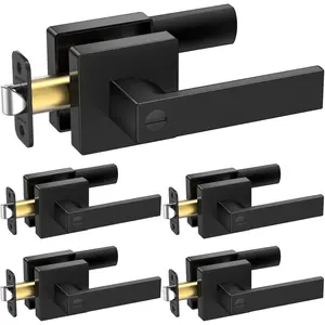 5PK Matte Black Interior Door Handles, Reversible Square Door Lever Knobs for Hallway, Bedroom, Bathroom, Privacy Door Handles with Lock