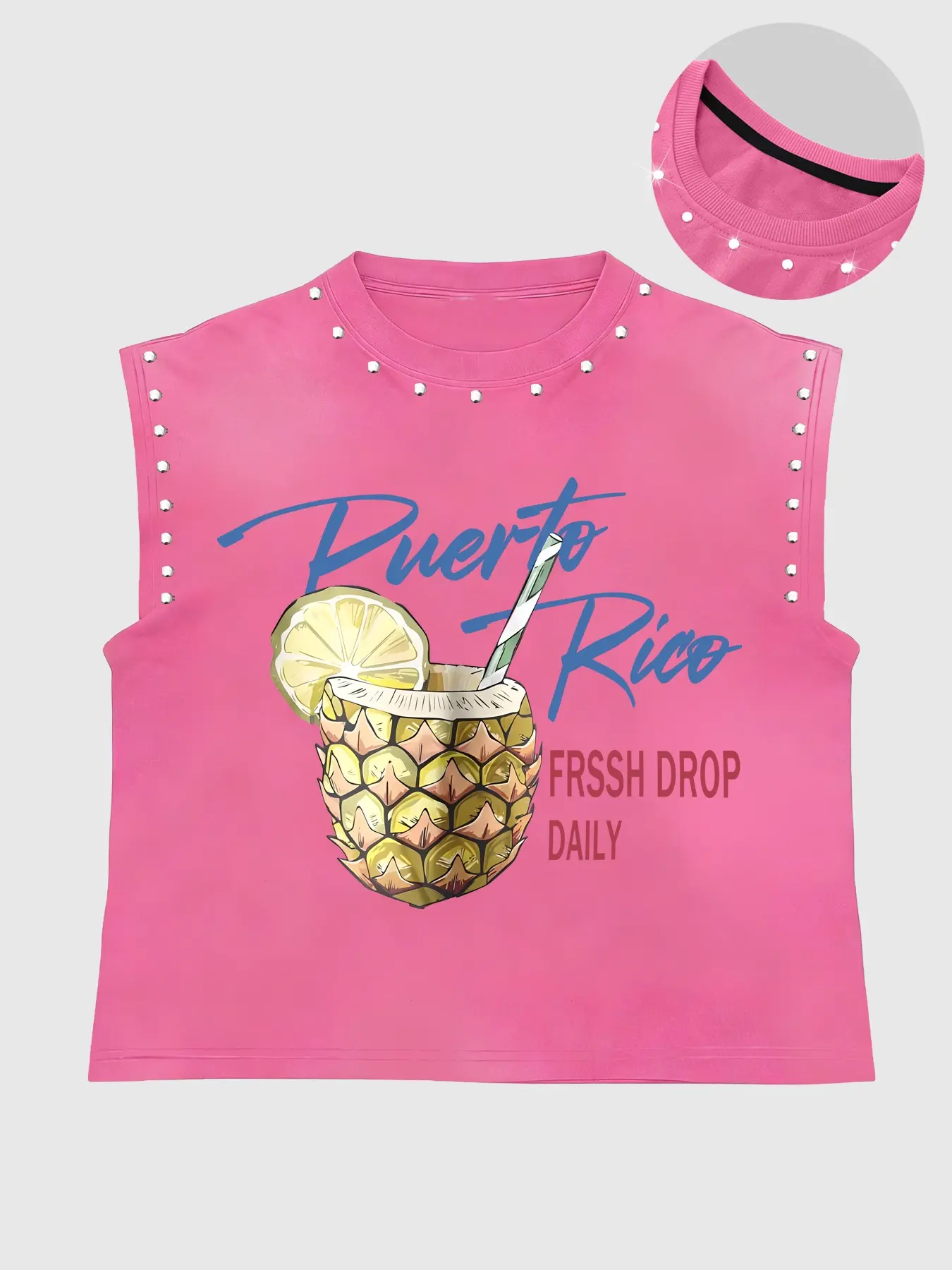 Men Women Summer Sleeveless Vest, Pineapple Drink Print Graphic + Stud Design Round Neck Top, Casual Fitted Tropical Vacation Style Casual Tank Top