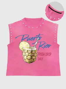 Men Women Summer Sleeveless Vest, Pineapple Drink Print Graphic + Stud Design Round Neck Top, Casual Fitted Tropical Vacation Style Casual Tank Top