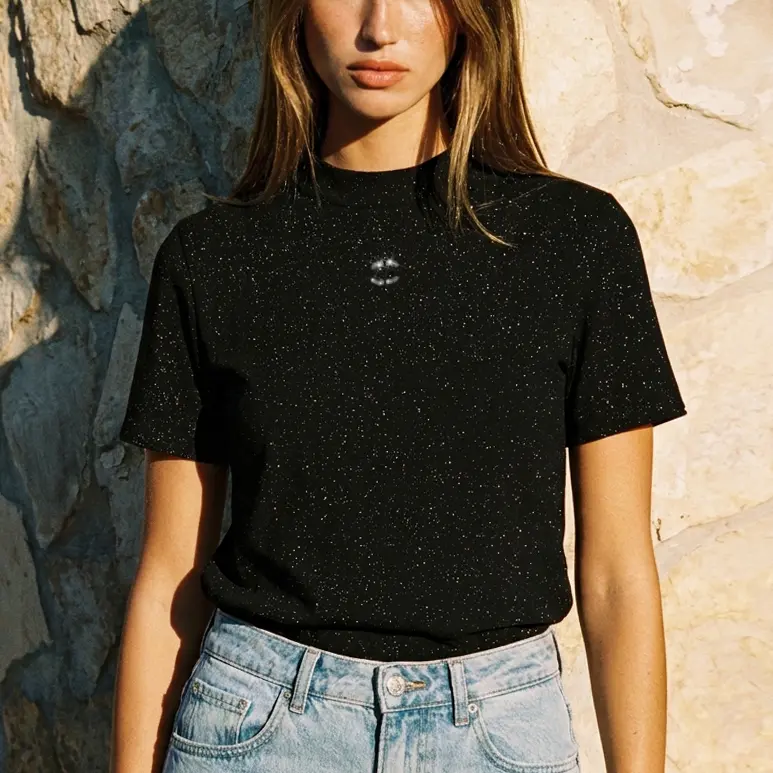 Women's Mock Neck Short Sleeve T Shirt High Stretch Knit Black Silver Speckle Casual Layering Top
