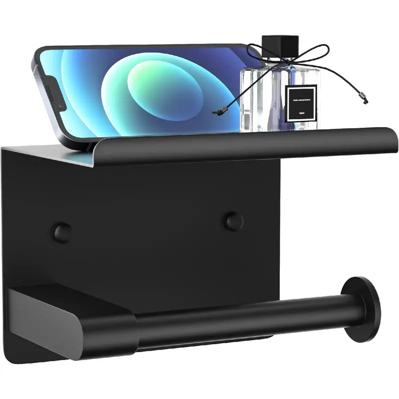 Matte Black Toilet Paper Holder with Shelf, Fits Mega Rolls, Rustproof Stainless Steel, Self Adhesive Wall Mount Toilet Paper Roll Holder, for Bathroom, Washroom, Kitchen, RV A-Black