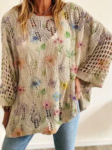 Spring/Summer style, boat neck with diamond cutout, batwing drop shoulder loose fit, long-sleeve women's knitted top with contrast color floral print, vacation style, casual and elegant for commuting, women's vest cover-up, bikini cover-up.