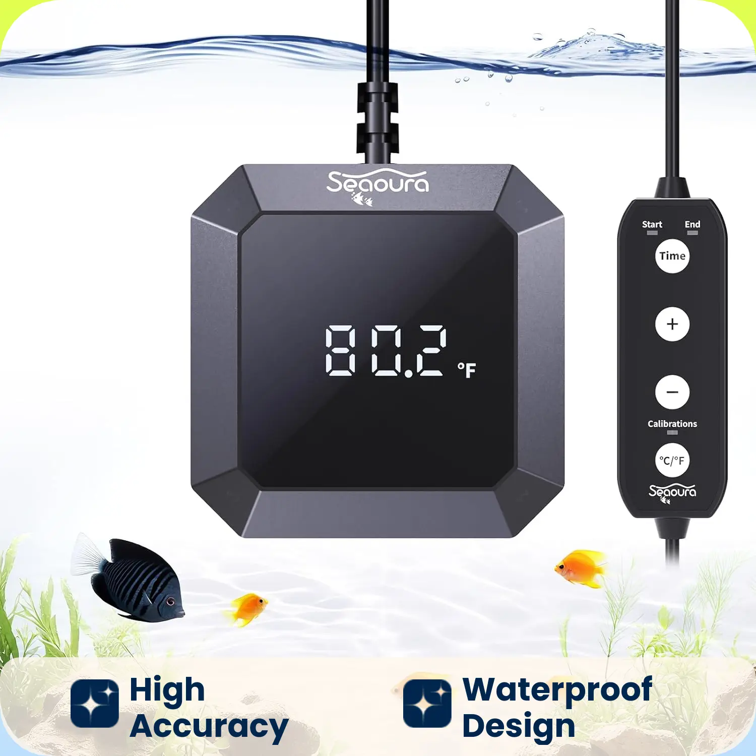 Seaoura SR-802 Submersible Aquarium Thermometer USB Powered Waterproof Built-In Calibration High Accuracy Large LED Clear Readings For Freshwater Saltwater Reef Tanks Real-Time Stable Water Temperature Detector For Household Planted Fish Tank Daily Care