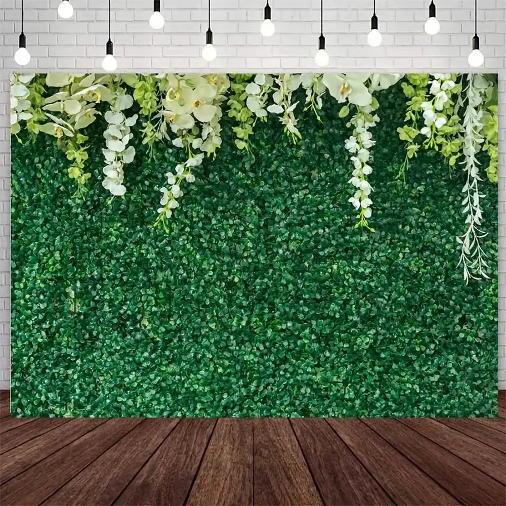2D Flat Polyester Floral & Leaf Print Backdrop Cloth - Elegant Green & White Design with Artificial Vines, Birthday & Wedding Party Decor Banner, Indoor-Outdoor Natural Theme Photography Prop,summerwins