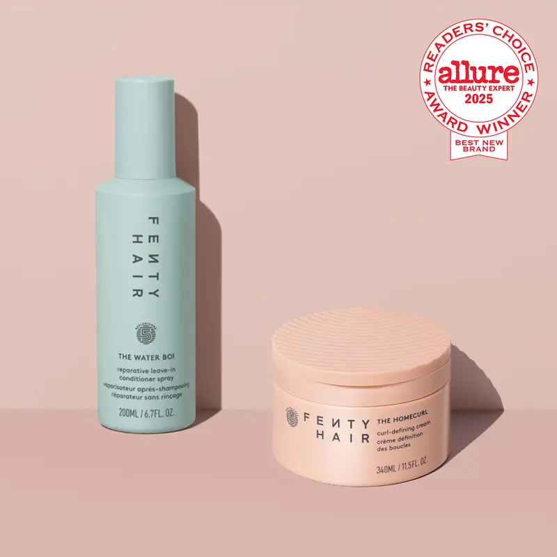 Fenty Hair Curl Essentials: The Water Boi Reparative Leave-In Detangling Conditioner Spray and The Homecurl Curl-Defining Cream