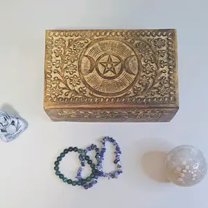 Handcrafted Wooden Triple Moon Pentacle Box