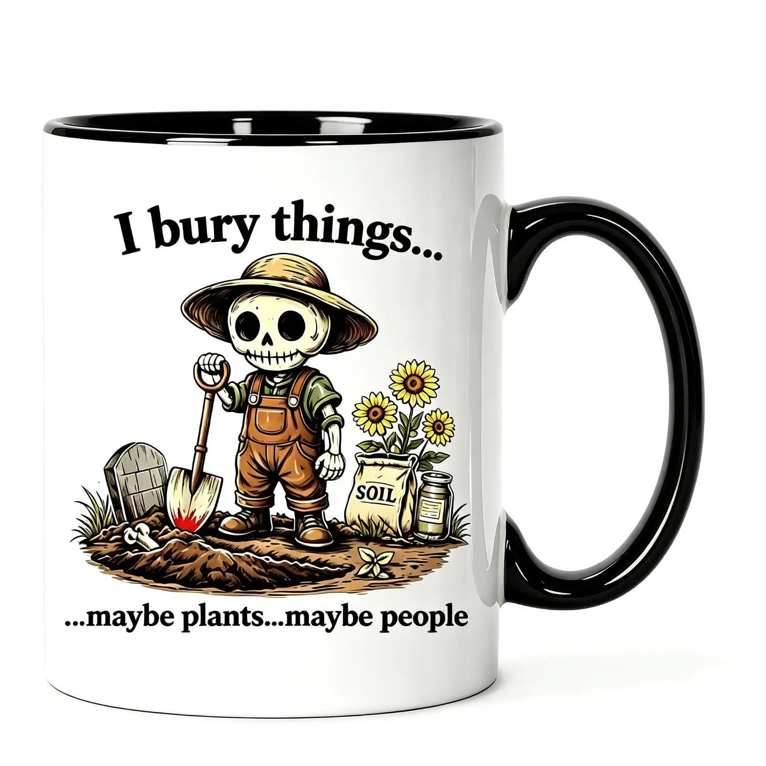 Halloween Gift 1pc 11oz Pure Black Ceramic Mug Cute Farmer Skeleton Gardening Tombstone Sunflower Cartoon Great Gift for Halloween Gift for Gardener Relative Friend