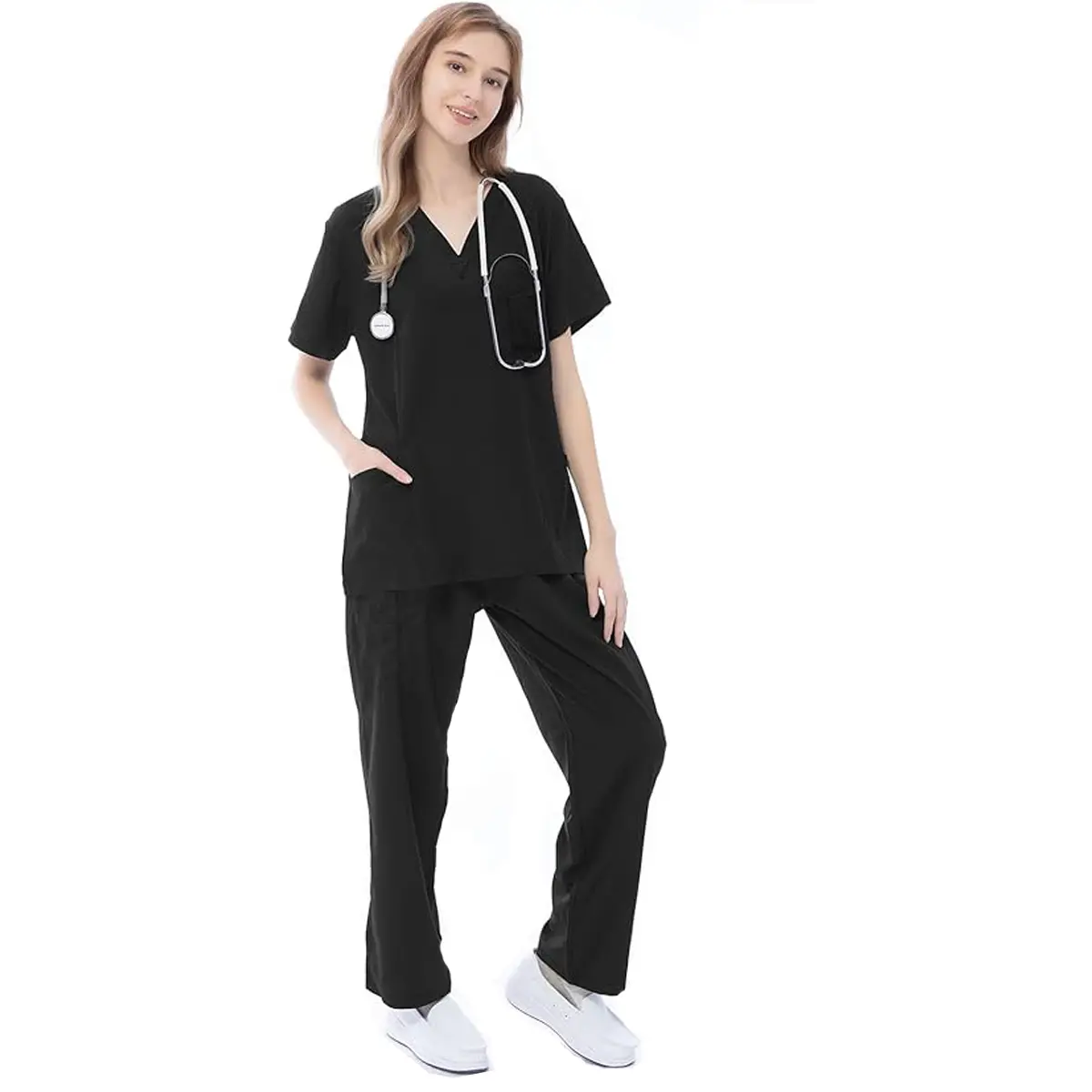 VICOGARD Scrub Sets for Women - V-Neck Medical Uniform Set - Soft 4-Way Stretch Scrub Top & High Waisted Straight Leg Pants with 9 Pockets - Professional Nursing Scrubs Fit Curvy Womenswear Polyester Clothes Athletic