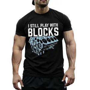 100 Cotton I Still Play With Blocks Mechanic T-Shirt for Men, Funny Car Engine Design Graphic Tee, Gearhead Humor Casual Top, Auto Shop Outfit for Mechanic Dad or Car Lover Gift