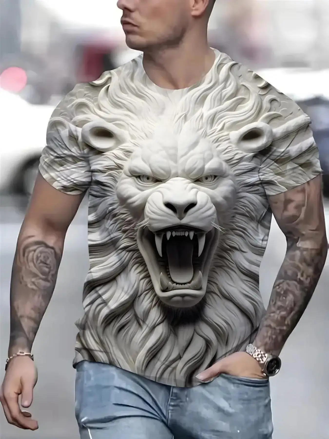 Men's 3D Lion Print Round Neck Graphic Tee, Regular Fit Street Short Sleeve T-shirt, T Shirts for Men, Menswear for Daily Wear