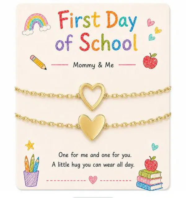 Mommy and Me Matching Heart Bracelets Set, First Day of Kindergarten Back to School Separation Gift, Mother Daughter Matching Bracelets with Message Card, Parent Child Keepsake Jewelry Gift