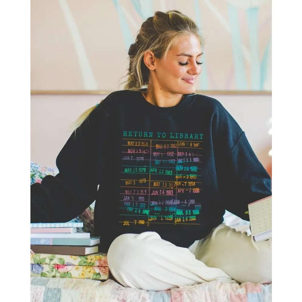Vintage Library Rainbow Sweatshirt, Return to Library Card Book Due Date Shirt, Reader Gift for Her Him Librarian English Teacher Crewneck