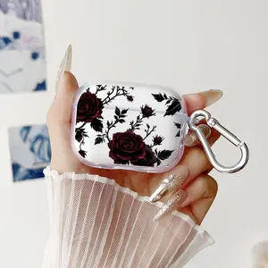 Dark Rose Pattern TPU Soft Protective Case for Apple AirPods 4/3/2/1/Pro/Pro2 Transparent Earphone Cover with Keychain Attachment