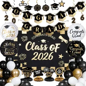 PartyWoo Graduation Decorations Class of 2026 Black Gold White 40pcs Grad Party Supplies with Congrats Grad Backdrop Black Checkered Banner Hanging Swirls Foil Latex Balloons Centerpieces Party