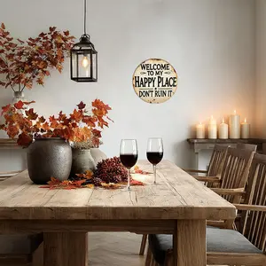 Funny Welcome To My Happy Place Round Metal Sign 8x8 Inch Vintage Rustic Aluminum Wall Art Home Decor Entryway Gift Door Hanging Sign Decorative,home decor wall art Home Office Decoration Home Signboard,home decor wall art