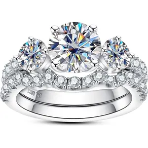 Moissanite Wedding Rings Bridal Set 3.7CTTW D Color VVS1 Clarity Round Brilliant Cut 925 Sterling Silver Engagement Rings princess cut   halo ring