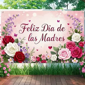 Spanish Mother's Day Background, Floral Design with Tulips and Peonies, Polyester Fiber, No Power Needed, Ideal for Home Decor and Gatherings