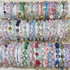 15/25pcs Stylish And Elegant Stackable Bracelets for Teenager, Featuring Sparkling Cracked Glass Beads Paired with Floral, Butterfly, Feather, Star, And Bow Pendants. Perfect for ValentineS Day Trendy Bangles Trendy Jewelry