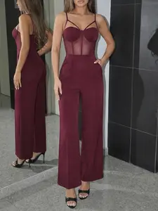 Women's Sexy Solid Color Mesh Cutout Halter Jumpsuit, Wine Knit Overall, Nightclub, Suitable for Daily Commute and Summer Dates