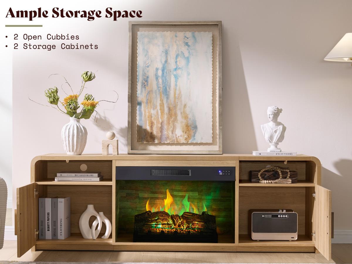 AMERLIFE 70" Fluted Fireplace TV Stand for TVs Up to 80", Modern TV Console with 30" Electric Fireplace & Storage Cabinets, Media Entertainment Center for Living Room