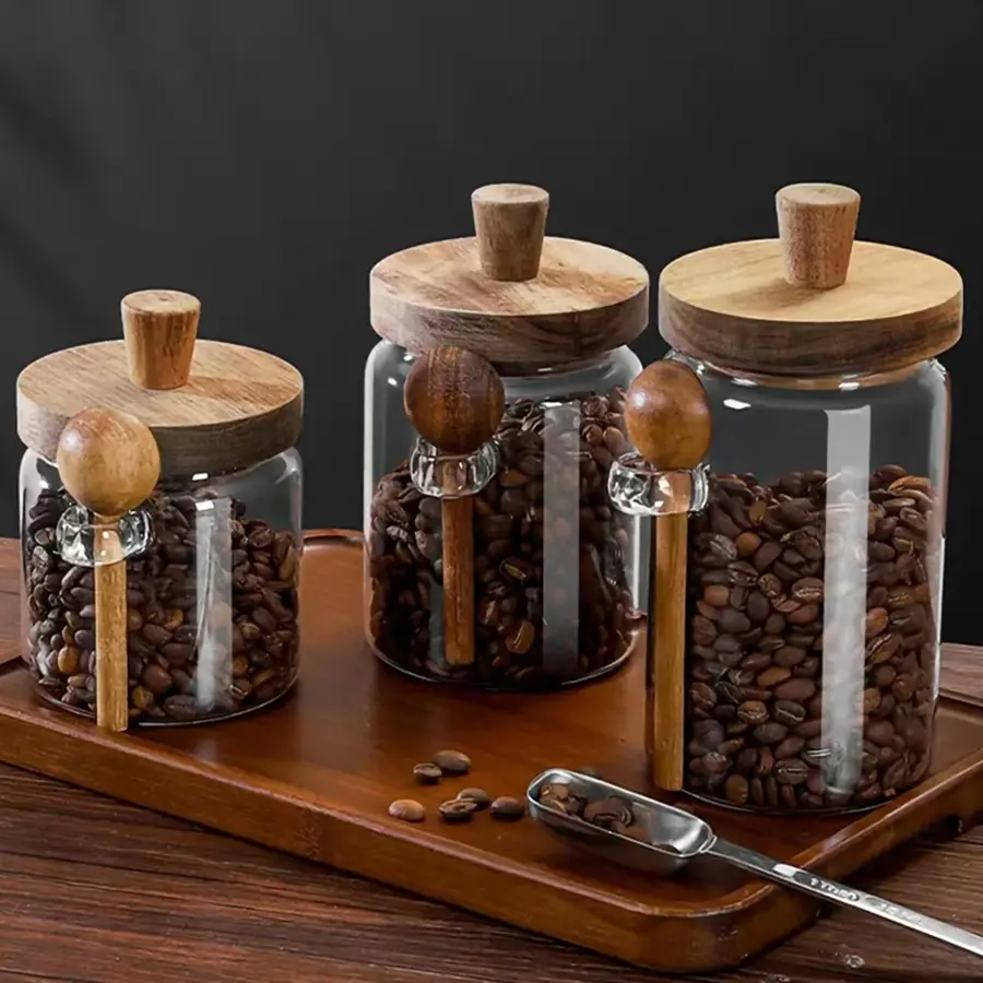 Clear Glass Spice Jar with Wooden Lid & Spoon, 1 Count Spice Storage Jar, Food Storage Container, Kitchen Storage Jar for Home Use, Glass Kitchen Canisters, Glass Storage Containers