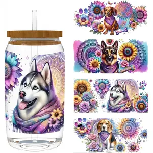 4 Sheets 16oz UV DTF Cup Wrap - Removable - DIY UV DTF Transfer Papers for Mug Cups,Notebook - Easy-Peel UV DTF Transfers for Smooth Surfaces (Sunflower Dog)