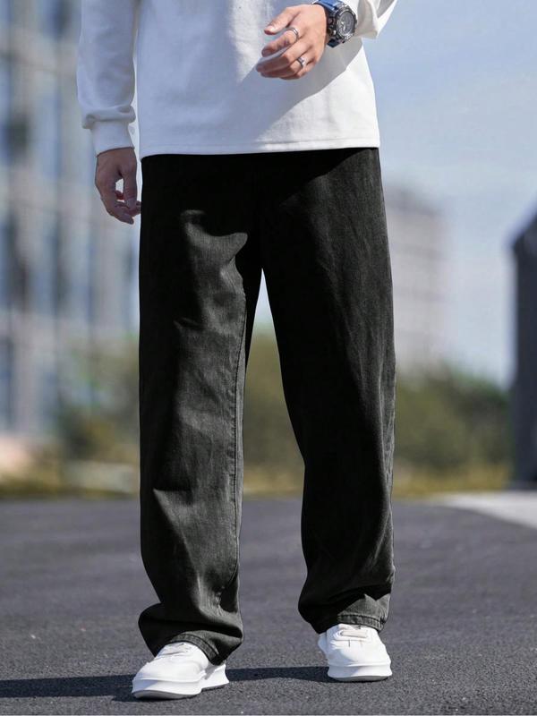 【Plus Size】 Men's Solid Color Wide Leg Slouchy Jeans, Fashion Casual Comfy Denim Trousers for Daily Outdoor Wear, Men Plus Size Bottoms for All Seasons, Pants