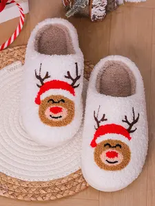 High-Value Teddy Velvet Reindeer Slippers, Embroidered -Nosed Deer Design, Fleece Lined Warmth, Silent Soft Sole, Indoor & Outdoor Comfort