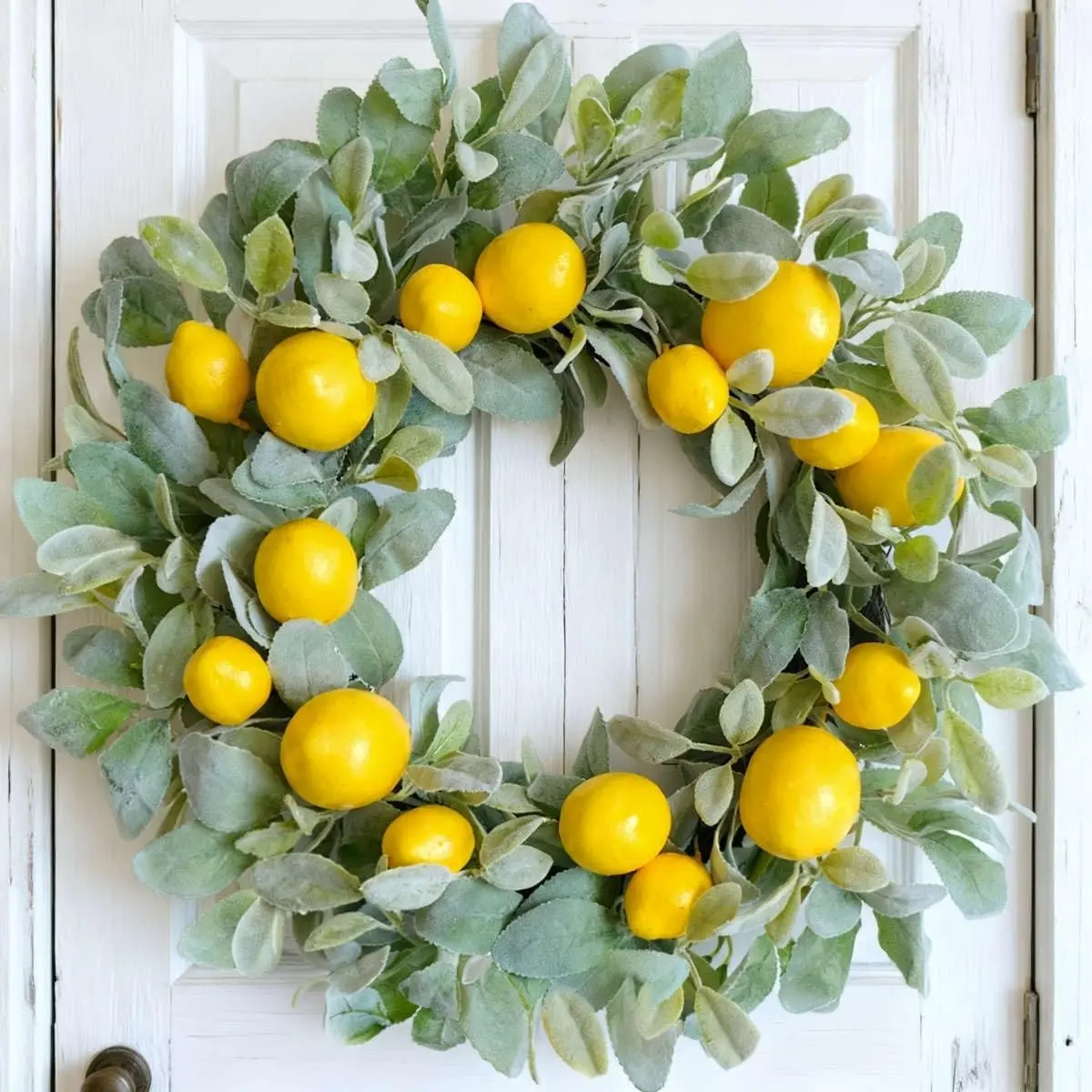 18 Inch Yellow Lemon Spring Summer Wreath for Front Door, Lamb Ears Leaves with Artificial Lemon Door Wreath, Green Leaves for Indoor and Outdoor