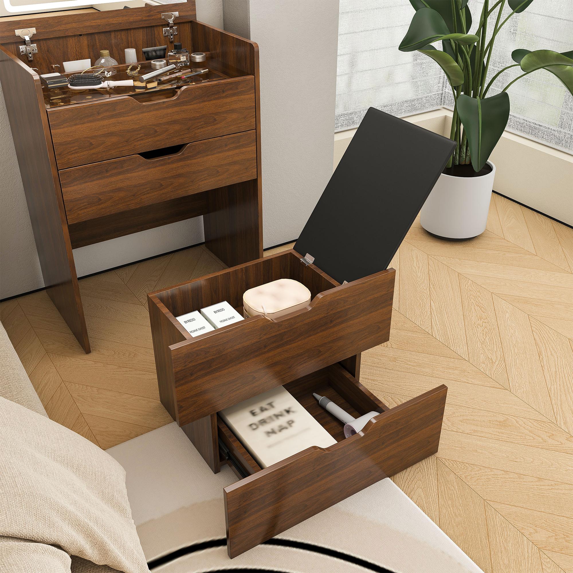 3-in-1 Makeup Vanity Desk with Flip-Top LED Mirror & Stool, Space-Saving Nightstand Combo, Glass Top, Storage Drawers & Hidden Jewelry Organizer – Perfect for Small Spaces (Walnut) 3-in-1 Makeup Vanity Desk with Flip-Top LED Mirror & Stool, Space-Saving Nightstand Combo, Glass Top, Storage Drawers & Hidden Jewelry Organizer – Perfect for Small Spaces (Walnut)