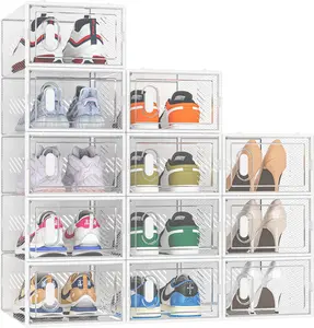 Shoe cabinet storage, 12-pack shoe organizer boxes, transparent plastic stackable shoe boxes with lids, suitable for size 10 shoes