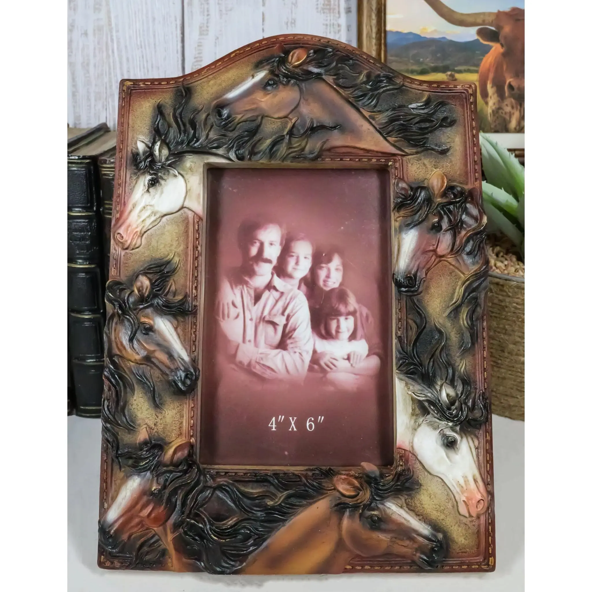 Rustic Western Cowboy 7 Lucky Horses Equine Beauty Easel Back Photo Frame 4"X6"