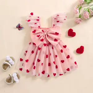 Toddler Girls Tulle Dress Heart 3D Bow Flutter Sleeve A-Line Spring Valentine's Day Dresses
